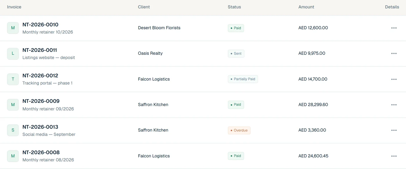 Invoices list with client, status and amount